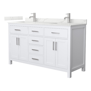 Pemberly Row 60&quot White Double Vanity & Giotto Quartz Top (1-Hole) & Nickel Trim