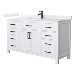 Pemberly Row 60&quot White Single Vanity & Giotto Quartz Top (1-Hole) & Black Trim