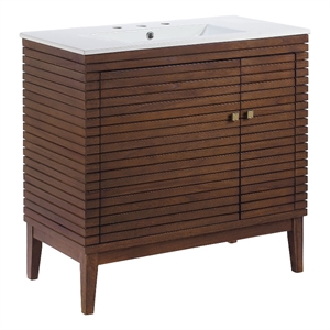 Pemberly Row 36&quot Modern Solid Mindi Wood Bathroom Vanity in Walnut/White