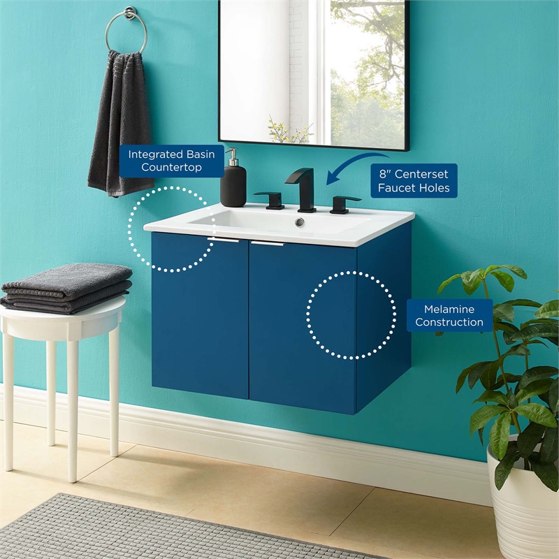 Pemberly Row Modern Wood Wall-Mount Bathroom Vanity in Navy/White