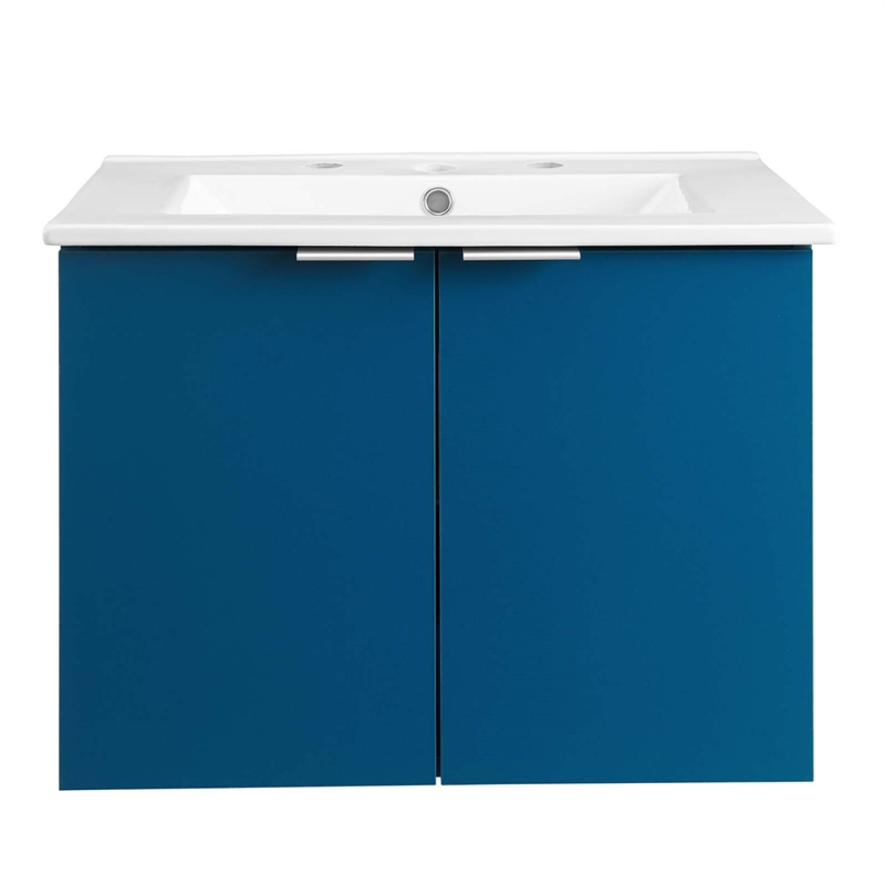Pemberly Row Modern Wood Wall-Mount Bathroom Vanity in Navy/White