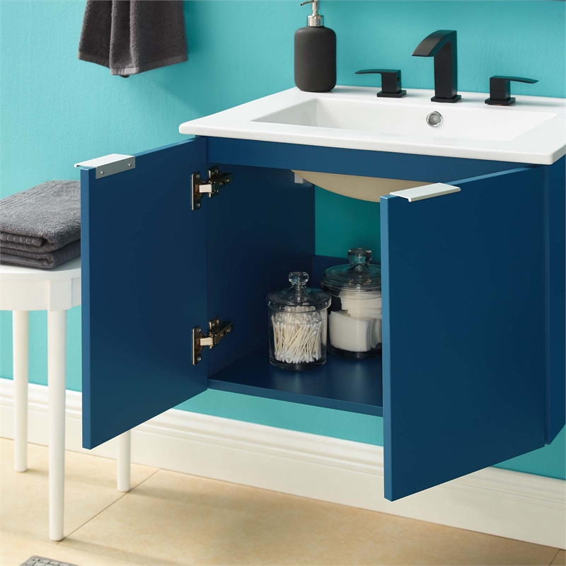 Pemberly Row Modern Wood Wall-Mount Bathroom Vanity in Navy/White