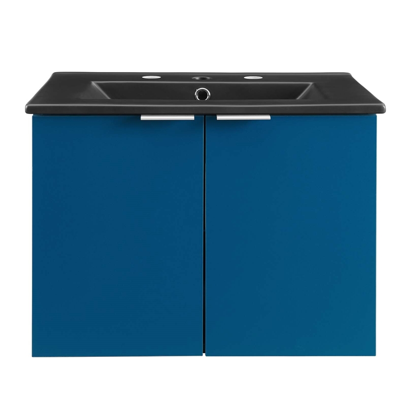 Pemberly Row Modern Wood Wall-Mount Bathroom Vanity in Navy/Black