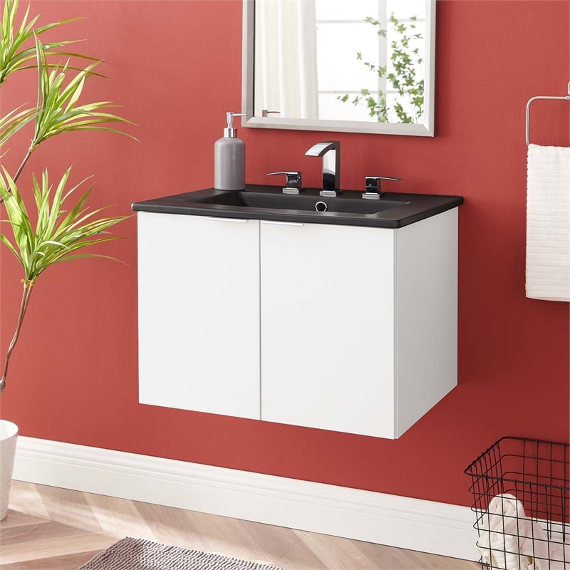 Pemberly Row Modern Wood Wall-Mount Bathroom Vanity in White/Black