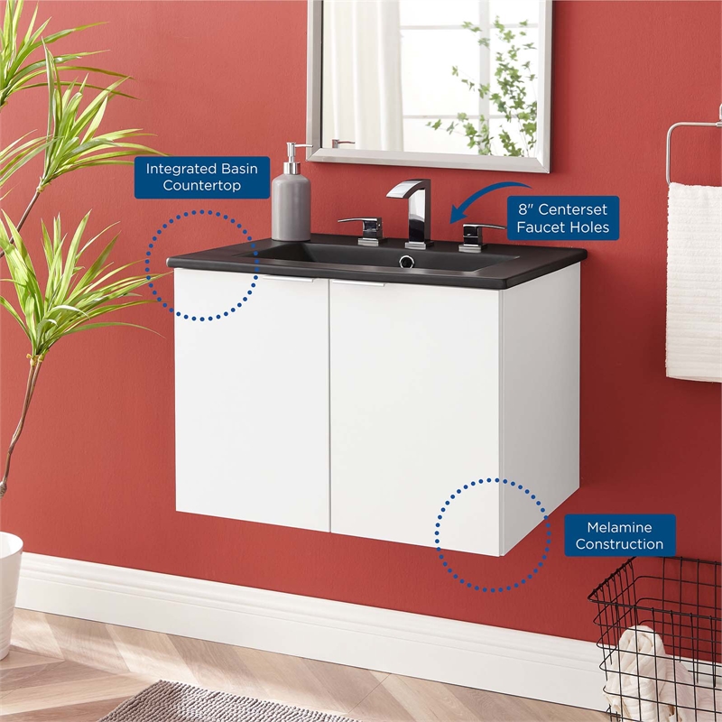 Pemberly Row Modern Wood Wall-Mount Bathroom Vanity in White/Black
