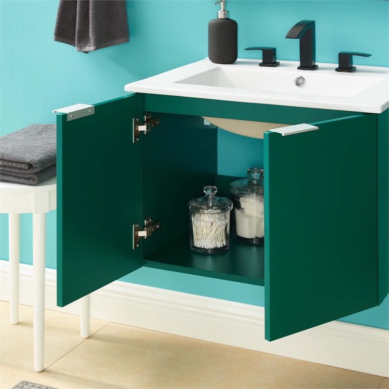 Pemberly Row Modern Wood Wall-Mount Bathroom Vanity in Green/White