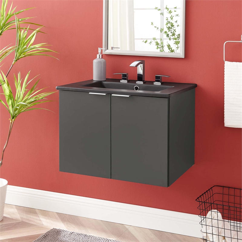 Pemberly Row Modern Wood Wall-Mount Bathroom Vanity in Gray/Black