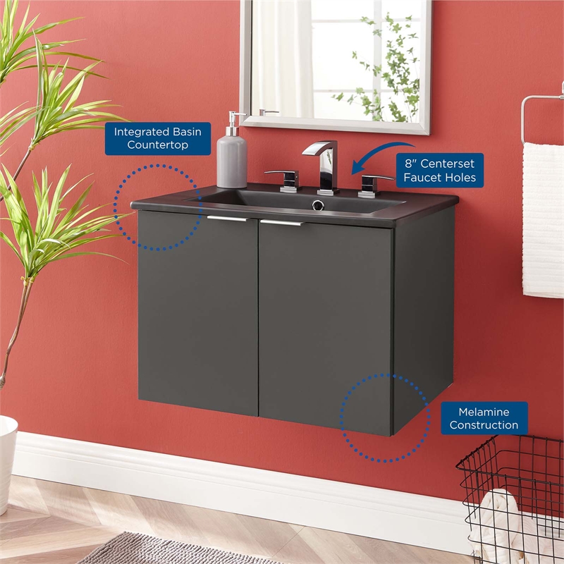 Pemberly Row Modern Wood Wall-Mount Bathroom Vanity in Gray/Black
