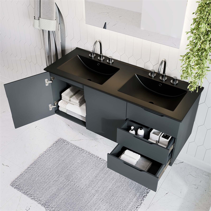 Pemberly Row Modern Wood/Ceramic Double Sink Bathroom Vanity in Gray/Black