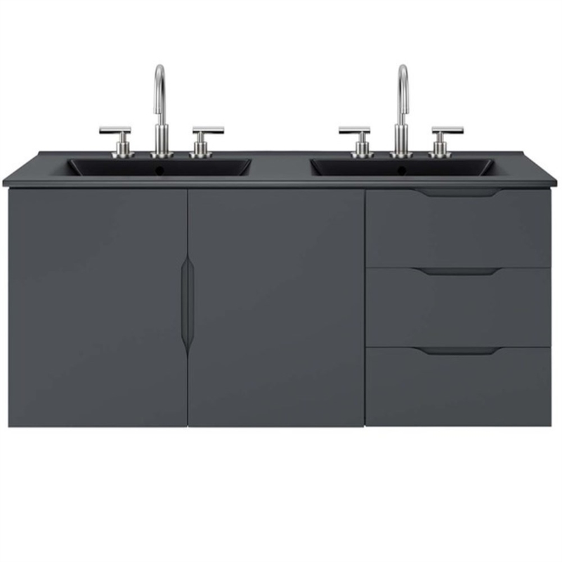 Pemberly Row Modern Wood/Ceramic Double Sink Bathroom Vanity in Gray/Black