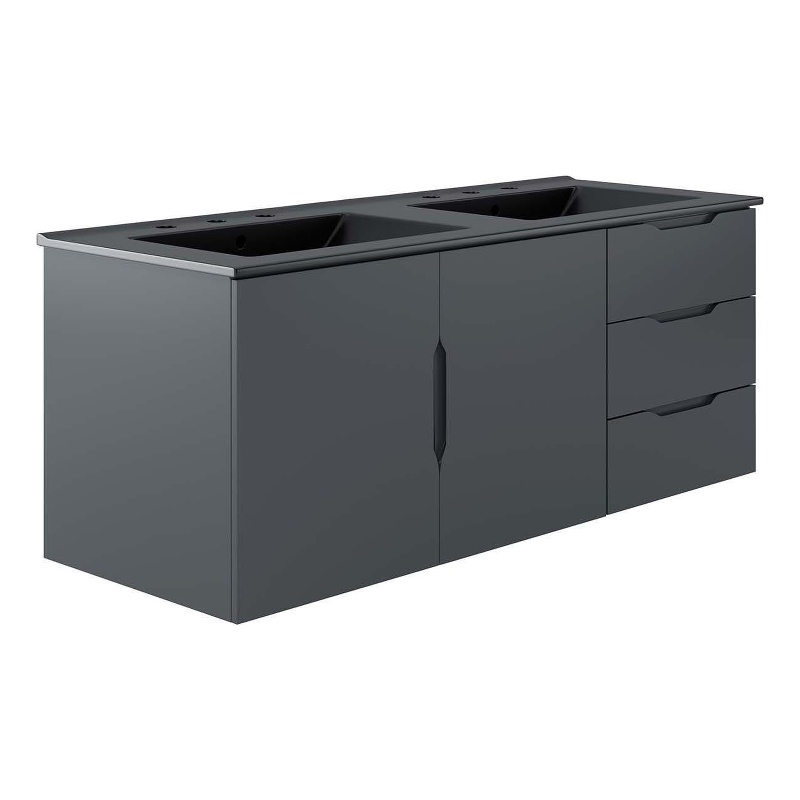 Pemberly Row Modern Wood/Ceramic Double Sink Bathroom Vanity in Gray/Black
