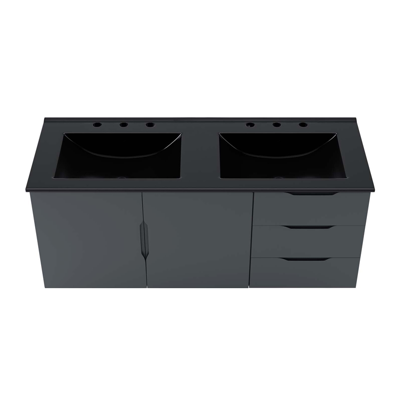 Pemberly Row Modern Wood/Ceramic Double Sink Bathroom Vanity in Gray/Black