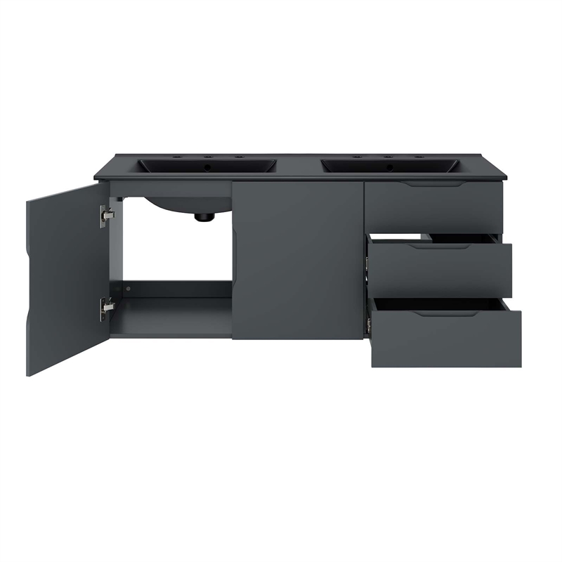 Pemberly Row Modern Wood/Ceramic Double Sink Bathroom Vanity in Gray/Black