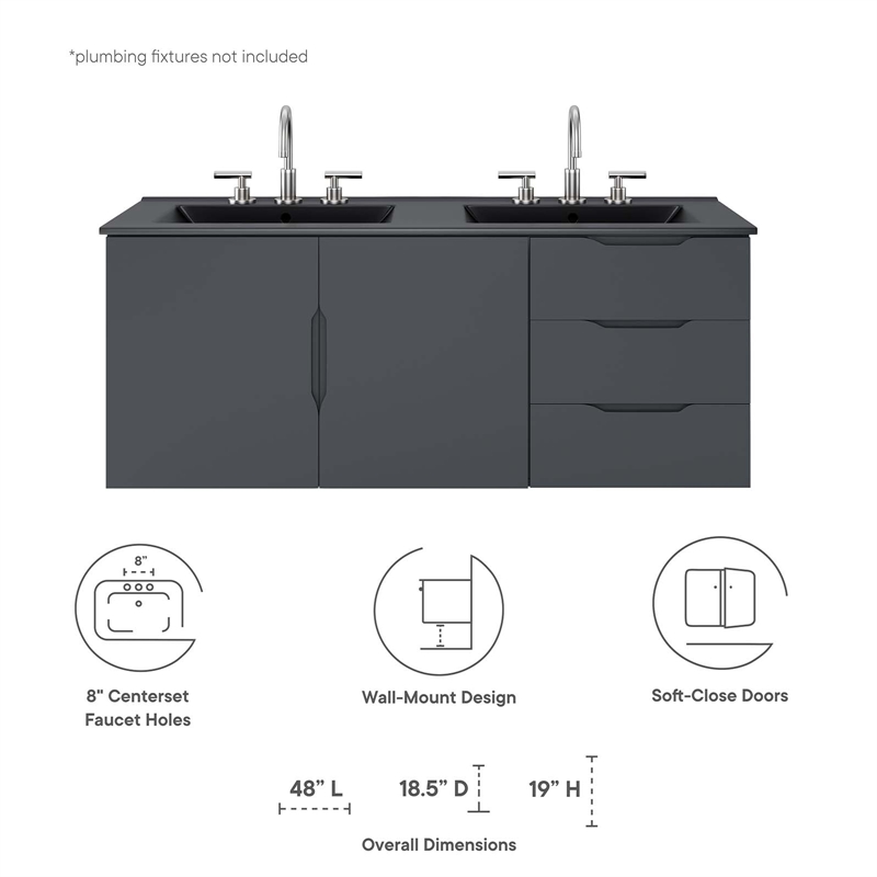 Pemberly Row Modern Wood/Ceramic Double Sink Bathroom Vanity in Gray/Black