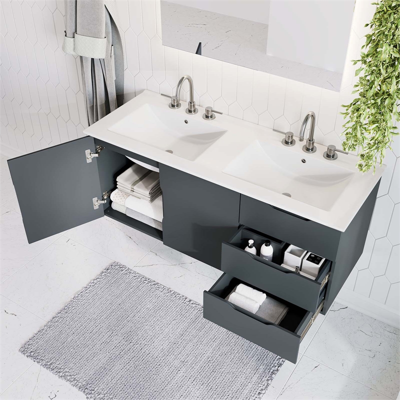 Pemberly Row Modern Wood/Ceramic Double Sink Bathroom Vanity in Gray