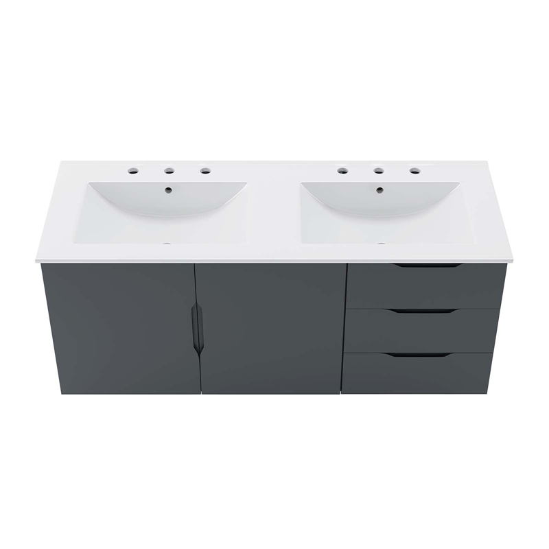 Pemberly Row Modern Wood/Ceramic Double Sink Bathroom Vanity in Gray