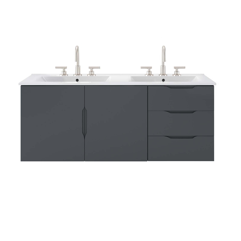 Pemberly Row Modern Wood/Ceramic Double Sink Bathroom Vanity in Gray