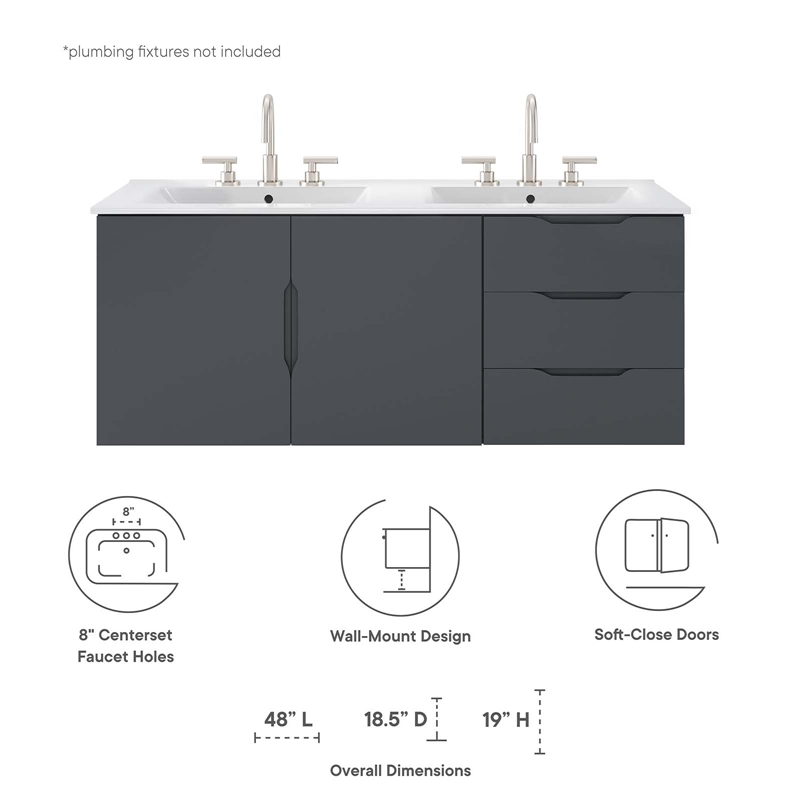 Pemberly Row Modern Wood/Ceramic Double Sink Bathroom Vanity in Gray