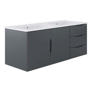Pemberly Row Modern Wood/Ceramic Double Sink Bathroom Vanity in Gray