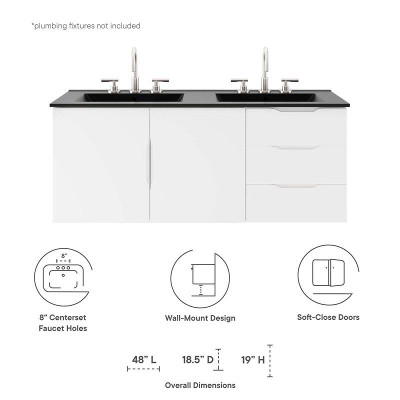 Pemberly Row Modern Wood/Ceramic Double Sink Bathroom Vanity in White/Black