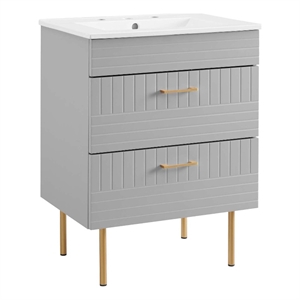 Pemberly Row 24&quot Modern Wood/Ceramic Bathroom Vanity with Gold Legs in Gray