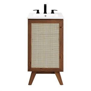 Pemberly Row 18&quot Modern Wood Bathroom Vanity with Rattan Door in Walnut/White