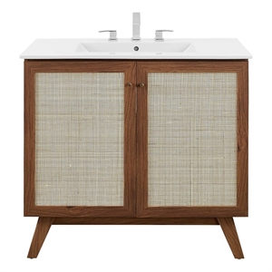 Pemberly Row 36&quot Modern Wood Bathroom Vanity with Rattan Door in Walnut/White