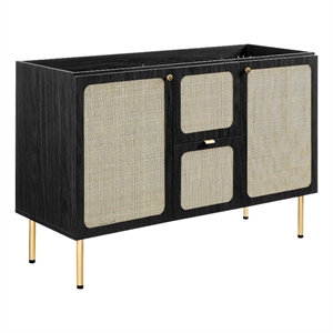 Pemberly Row 48&quot Wood & Rattan Bathroom Vanity Cabinet in Black