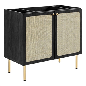 Pemberly Row 36&quot Wood & Rattan Bathroom Vanity Cabinet in Black