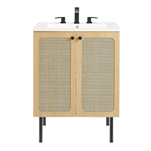 Pemberly Row Contemporary 24&quot Wood & Rattan Bathroom Vanity in Oak/White