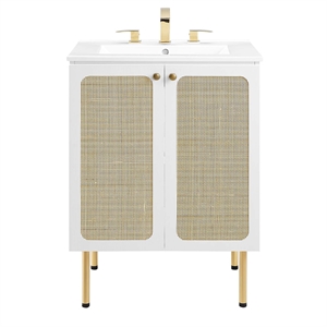 Pemberly Row 24&quot Wood & Rattan Bathroom Vanity with Adjustable Shelf in White