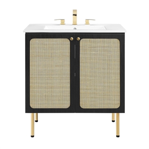 Pemberly Row 30&quot Wood & Rattan Bathroom Vanity in Black/White