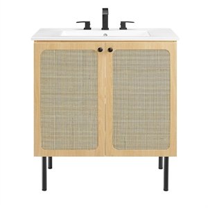 Pemberly Row Contemporary 30&quot Wood & Rattan Bathroom Vanity in Oak/White