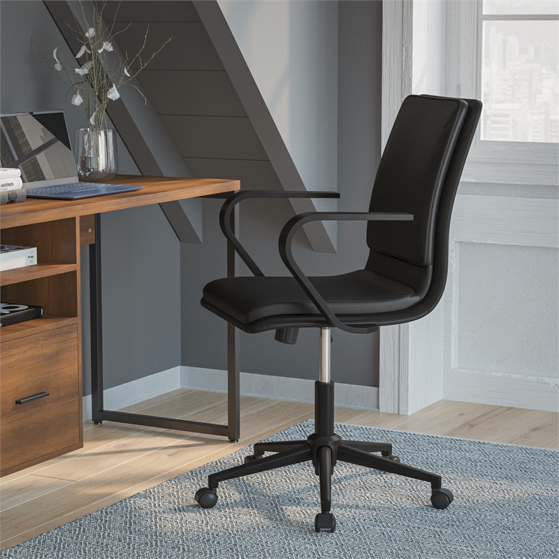 Pemberly Row Faux Leather Swivel Office Chair in Black/Black