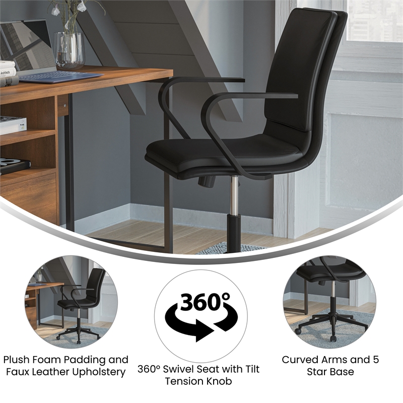 Pemberly Row Faux Leather Swivel Office Chair in Black/Black