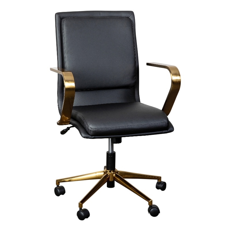 Pemberly Row Contemporary Faux Leather Swivel Office Chair in Black/Gold