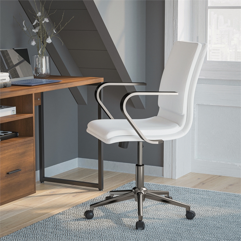 Pemberly Row Faux Leather Swivel Office Chair in White/Chrome