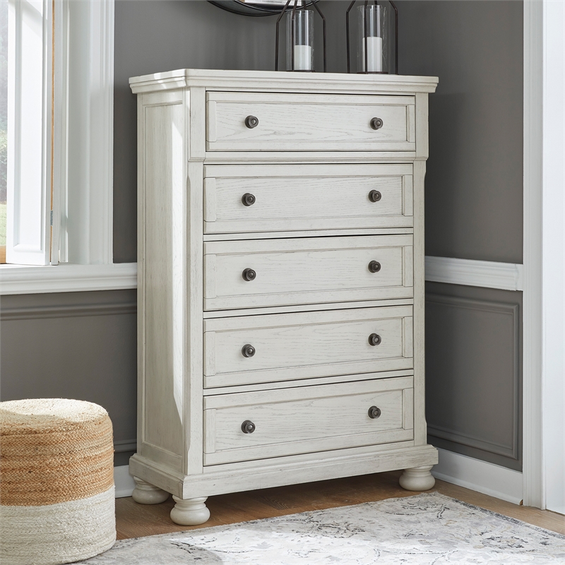 Pemberly Row Traditional 5-Drawer Wood Chest in Antiqued White