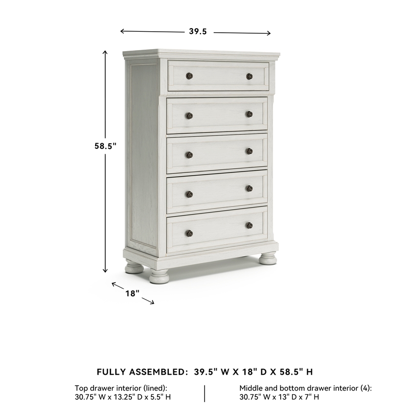 Pemberly Row Traditional 5-Drawer Wood Chest in Antiqued White