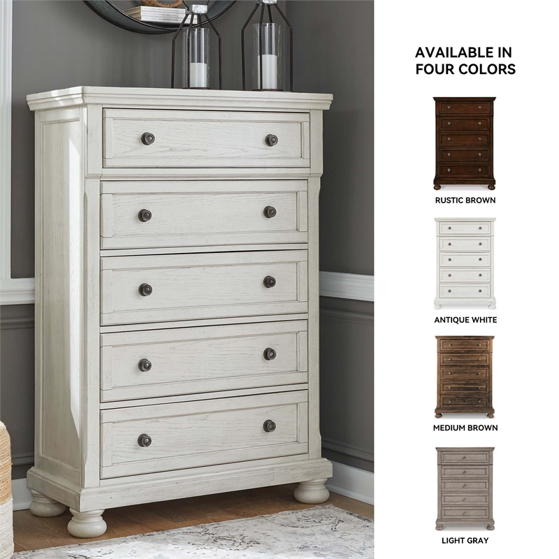 Pemberly Row Traditional 5-Drawer Wood Chest in Antiqued White