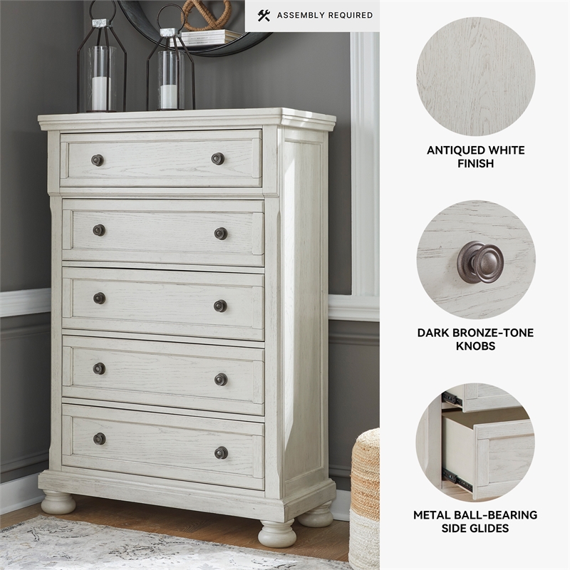 Pemberly Row Traditional 5-Drawer Wood Chest in Antiqued White