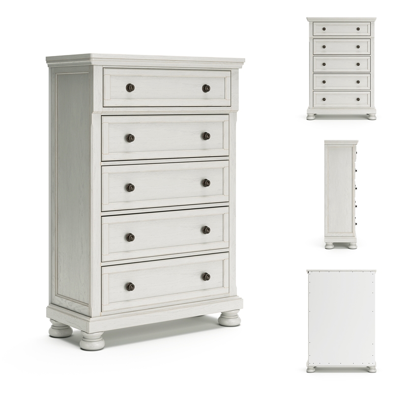 Pemberly Row Traditional 5-Drawer Wood Chest in Antiqued White