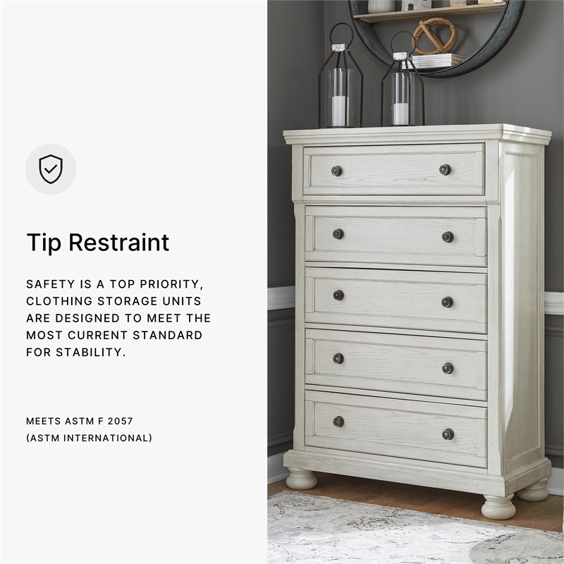 Pemberly Row Traditional 5-Drawer Wood Chest in Antiqued White