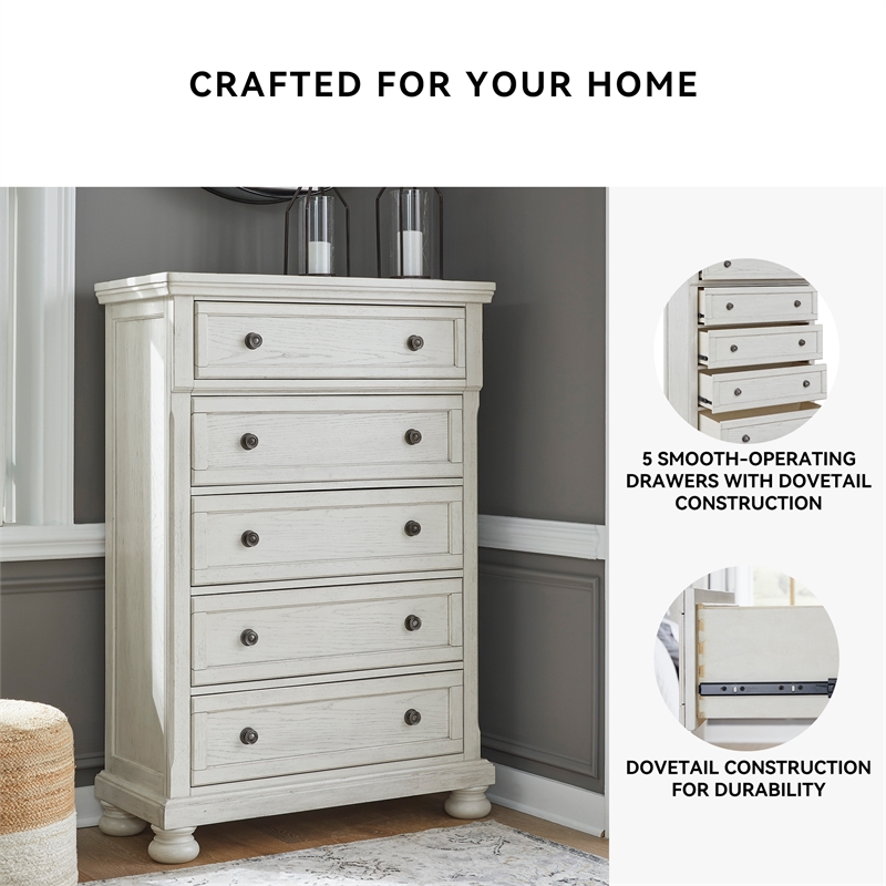 Pemberly Row Traditional 5-Drawer Wood Chest in Antiqued White