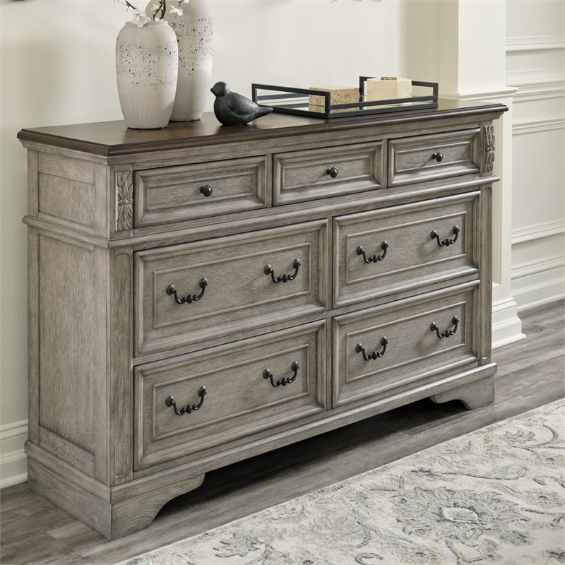 Pemberly Row Traditional 7-Drawer Wood Dresser in Gray & Dark Brown