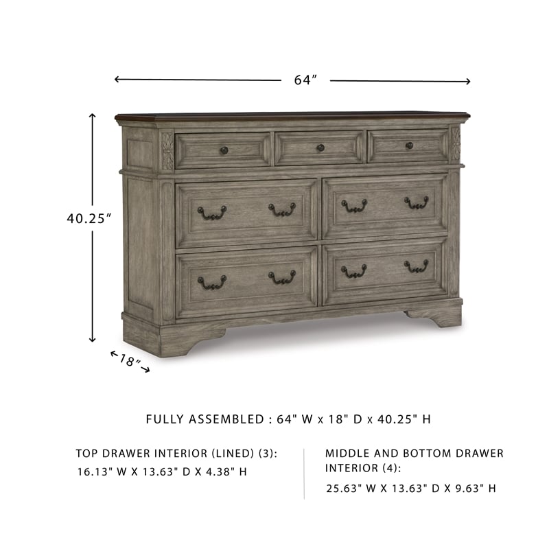 Pemberly Row Traditional 7-Drawer Wood Dresser in Gray & Dark Brown