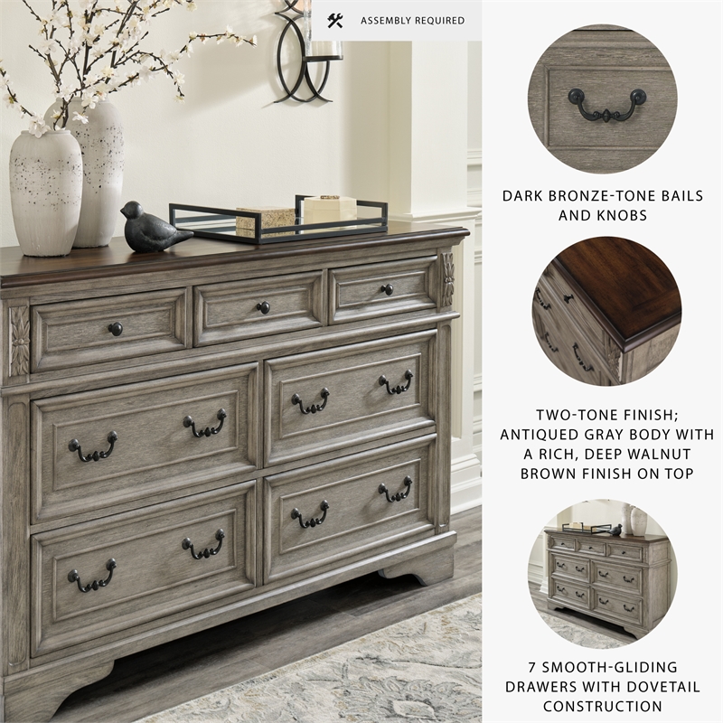 Pemberly Row Traditional 7-Drawer Wood Dresser in Gray & Dark Brown
