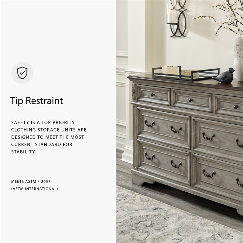 Pemberly Row Traditional 7-Drawer Wood Dresser in Gray & Dark Brown