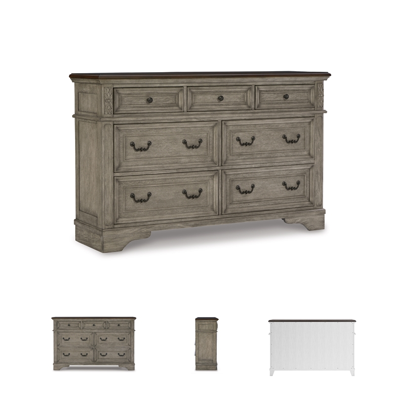 Pemberly Row Traditional 7-Drawer Wood Dresser in Gray & Dark Brown