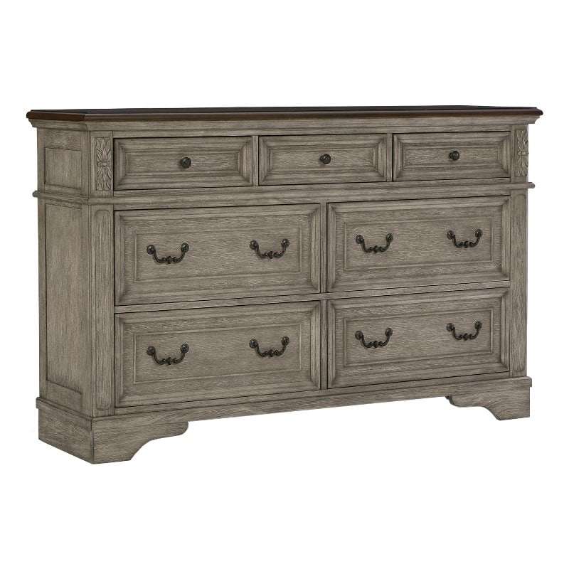 Pemberly Row Traditional 7-Drawer Wood Dresser in Gray & Dark Brown